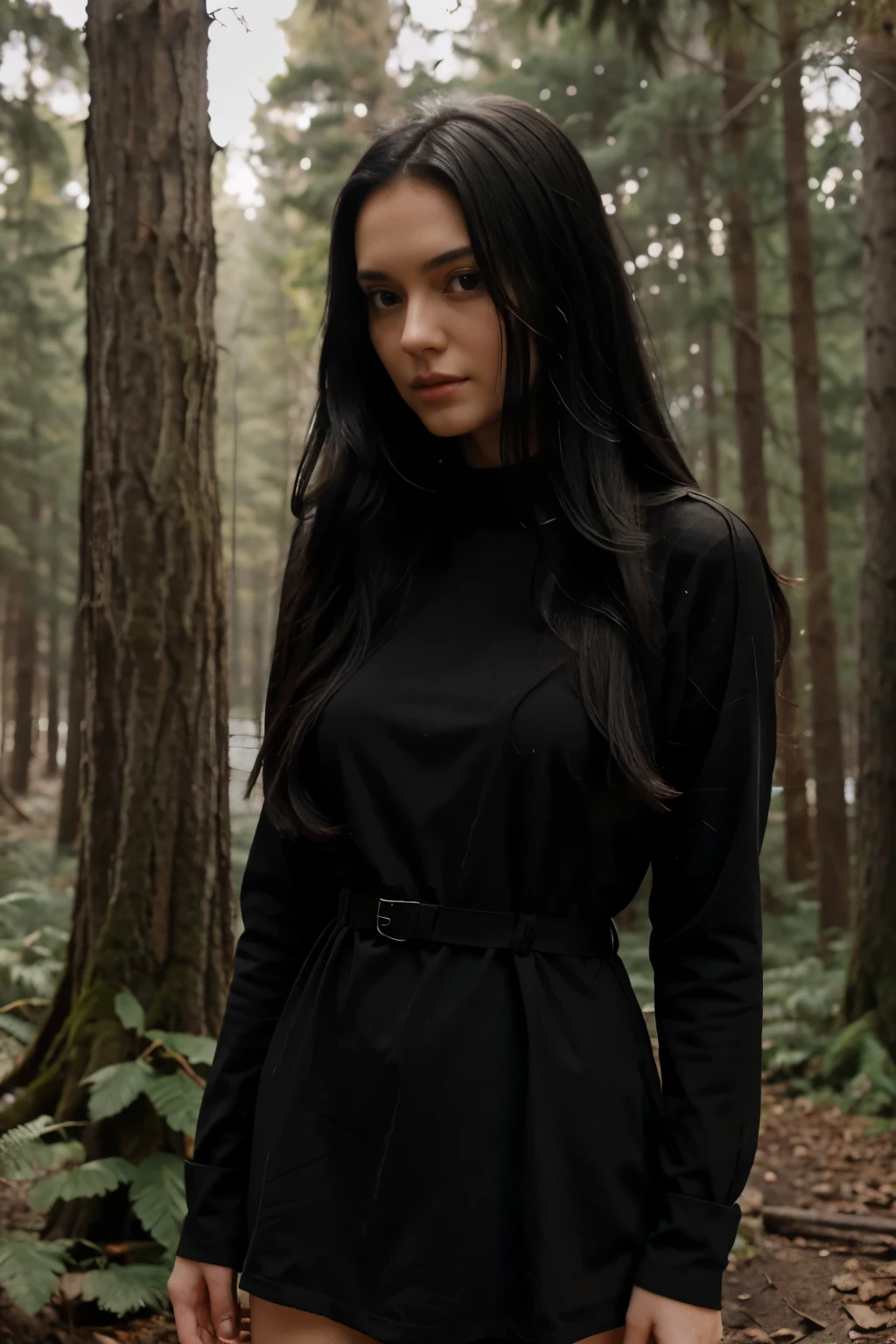 girl, long black hair, short tunic, in the forest, beautiful bare legs, full length