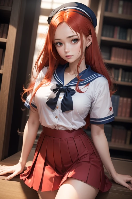 Une femme, 25 ans, cheveux longs, red hairs, rousse, beaucoup de Détails, dans un volcan, japanese  outfit (sailor, chemise blanche, pleated skirt), collant, lunette, nattes, in a library