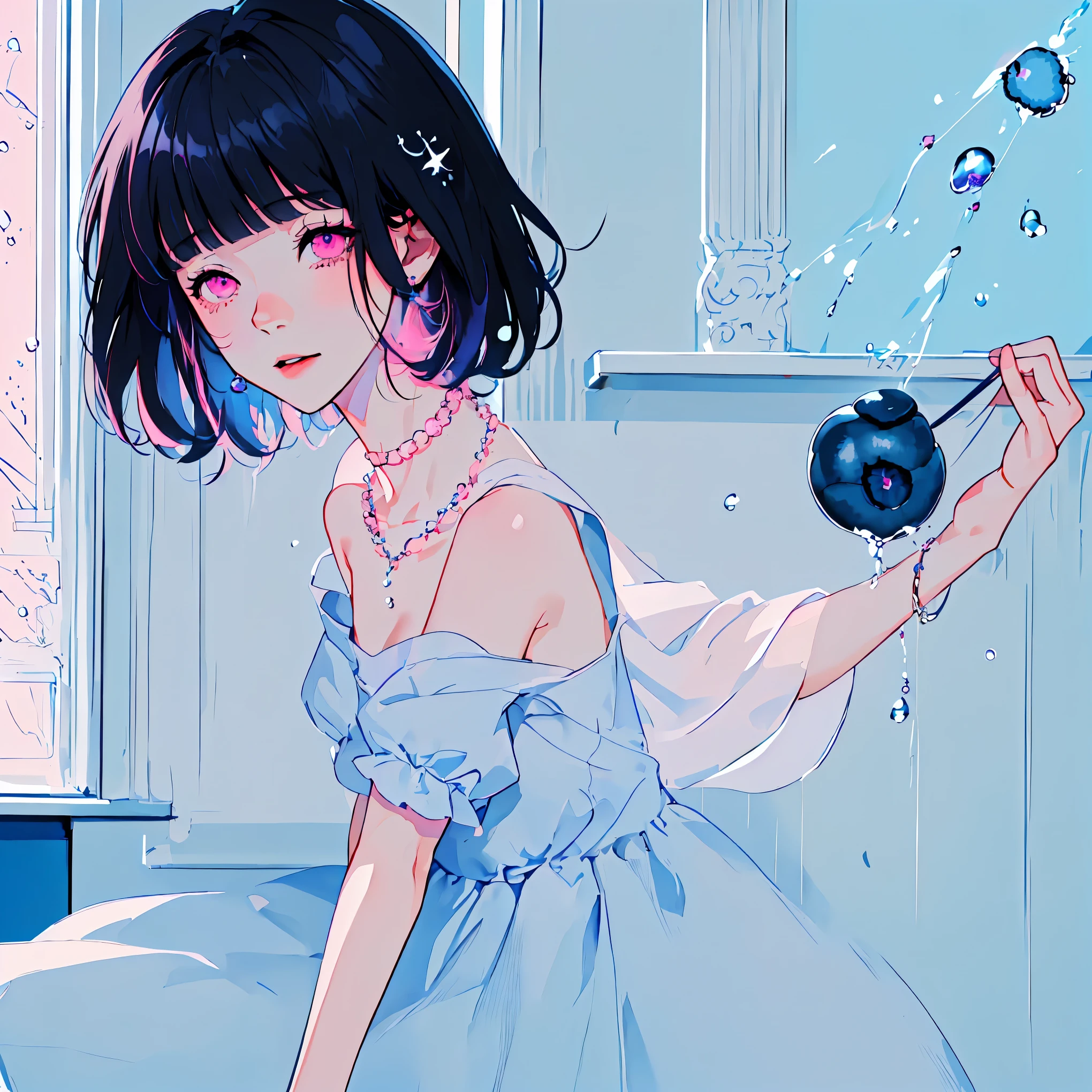 {{{{masterpiece}}}}, {{{Super detailed}}}, {{{high resolution}}},{{high resolution:1.3}}, {{good anatomy}}, (((best quality))), ((in school,indoor,blue theme,anime style,anime girl)),(((pink eyes,black hair streaked blue inside))),(big perfect eyes),((yandere,dark eyelash)),(((smart casual in pale blue color,collarbone, hair ornament, blueberry,dress, jewelry, choker,necklace, bare arms,waterdrops,soaked))), hairclip, {8k cg wallpaper}, {{illustration,zoom in,focus on face,close-up shot, looking out a window}},((floating hair|blunt bangs|short hair|curly perm))smile,(1girl:1), bride,solo,alone,(Color difference:1.2),emotionless,blushing,neat face,(medium breasts),((The details are complex、Shallow depth of field、movie lighting、a Canon EOS R5、50mm lens、f / 2.8、shot at 8k resolution))