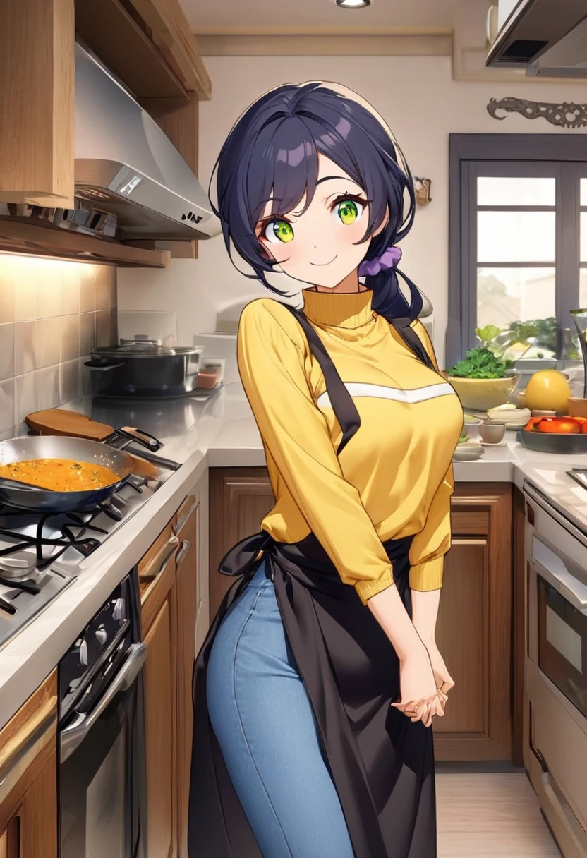 (8K, Highest image quality, highest quality, masterpiece), detailed face, ((loli)), ((girl)), (little loli curve), black hair, short twintails, pink eyes, (tiny breasts), (naked apron), cowboy shot, put your hand on your mouth, kitchen background, ((very blushing)), ((detailed hands and fingers)), viewer perspective from below, (blush)