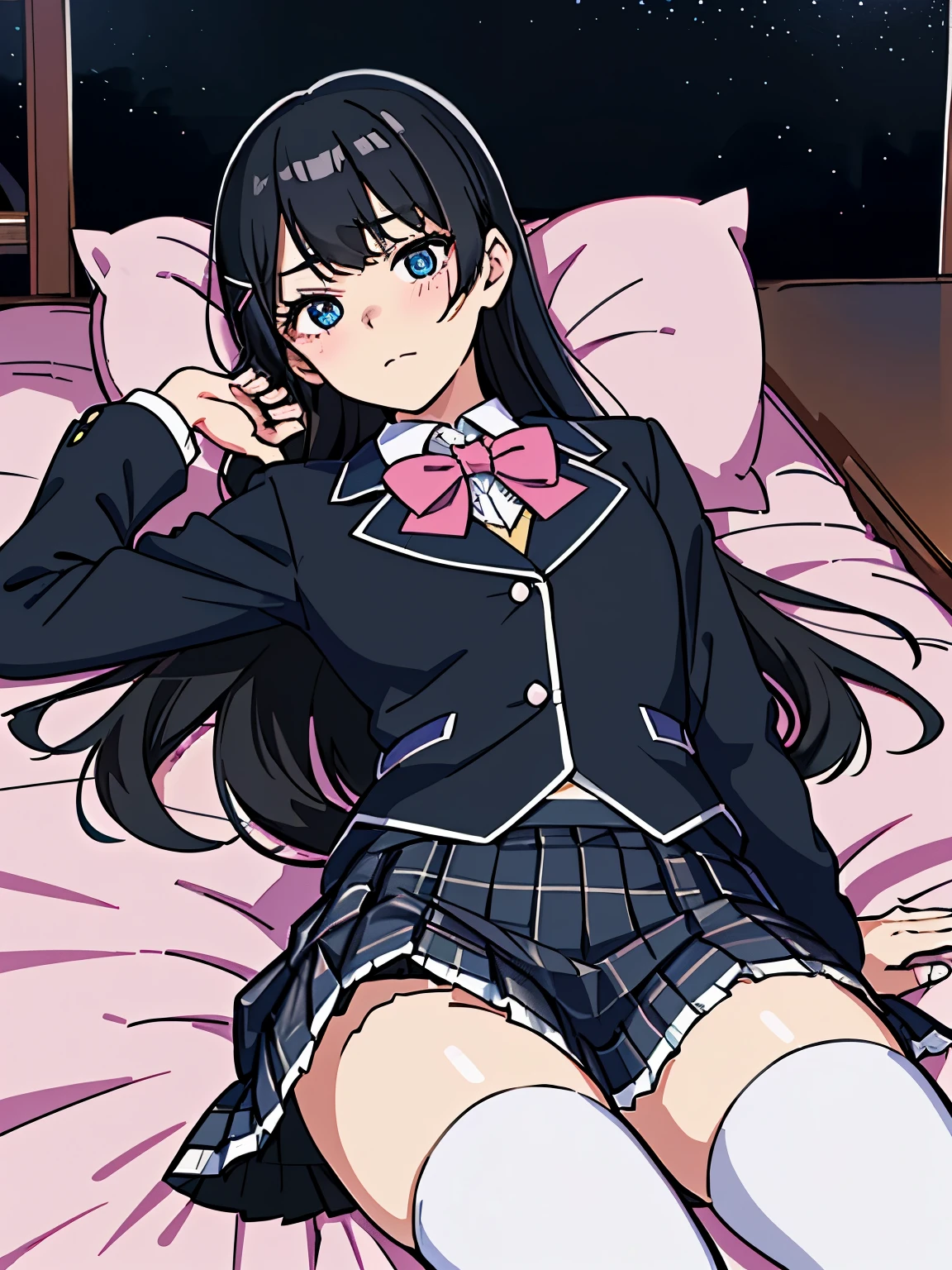 best quality, masterpiece, (lie on own back:1.2), embarrassed, tsukino mito, long hair, black hair, blazer, black jacket, hairclip, hair ornament, white thighhighs, bangs, pleated skirt, pink bow, long sleeves, collared shirt, white shirt, blue eyes, plaid skirt, black skirt, (skirt tug:1.4), (japanese bedroom at night:1.3)