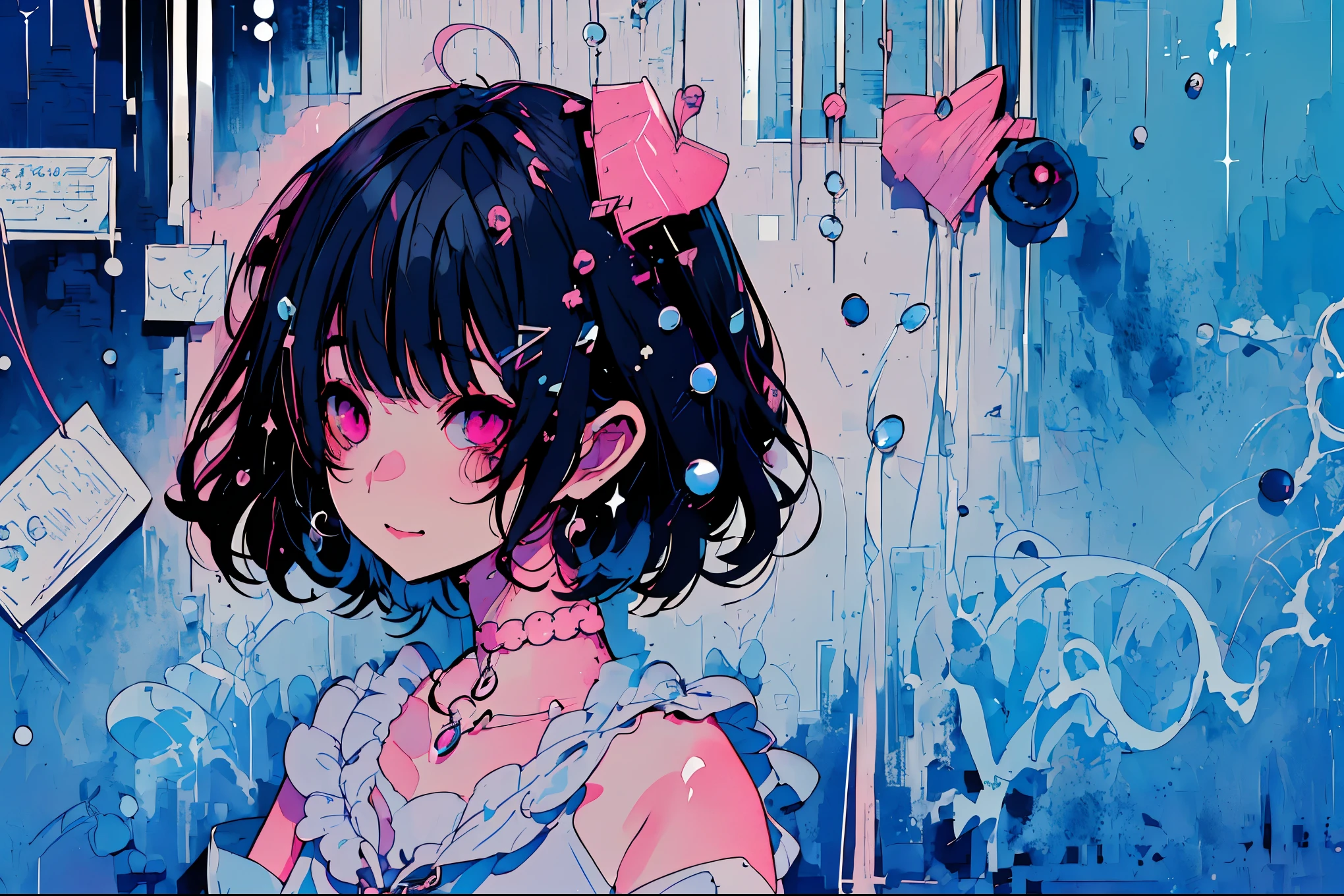 {{{{masterpiece}}}}, {{{Super detailed}}}, {{{high resolution}}},{{high resolution:1.3}}, {{good anatomy}}, (((best quality))), ((in school,indoor,blue theme,anime style,anime girl)),(((pink eyes,black hair streaked blue inside))),(big perfect eyes),((yandere,dark eyelash)),(((smart casual in pale blue color,collarbone, hair ornament, blueberry,dress, jewelry, choker,necklace, bare arms,waterdrops,soaked))), hairclip, {8k cg wallpaper}, {{illustration,zoom in,focus on face,close-up shot, looking out a window}},((floating hair|blunt bangs|short hair|curly perm))smile,(1girl:1), bride,solo,alone,(Color difference:1.2),emotionless,blushing,neat face,(medium breasts),((The details are complex、Shallow depth of field、movie lighting、a Canon EOS R5、50mm lens、f / 2.8、shot at 8k resolution))
