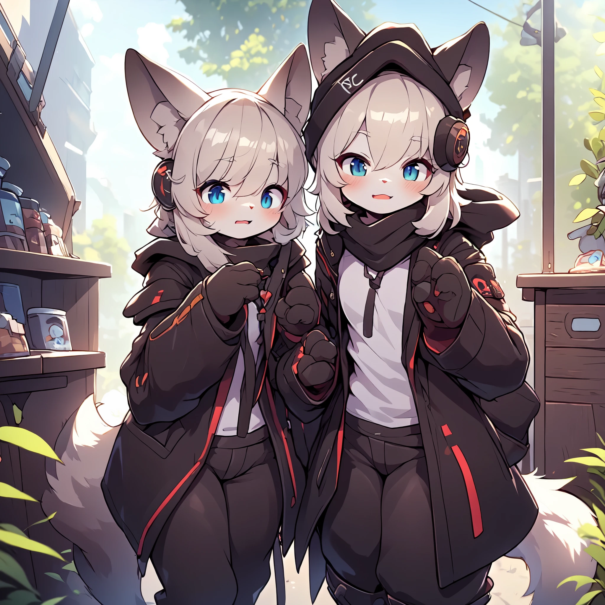Kawaii, Striped Fluffy Fox, emaciated, long hair, 3girls, artificial synthetic skin, life support prosthetics, digital headphones, black tight latex bodysuit, white long dress, thigh-high-socks, shorts, loose off-the-shoulder hood open jacket, holsters in thigh, Mechanical boots, tactical knee pads, tactical belted loose Arm Sleeves, cybernetic Display gloves, chest rigs, tactical belts, blue archive halo, bulletproof goggles on forehead, from Ark nights, ray tracing, depth of field, bloom, masterpiece, ccurate, high details, highres