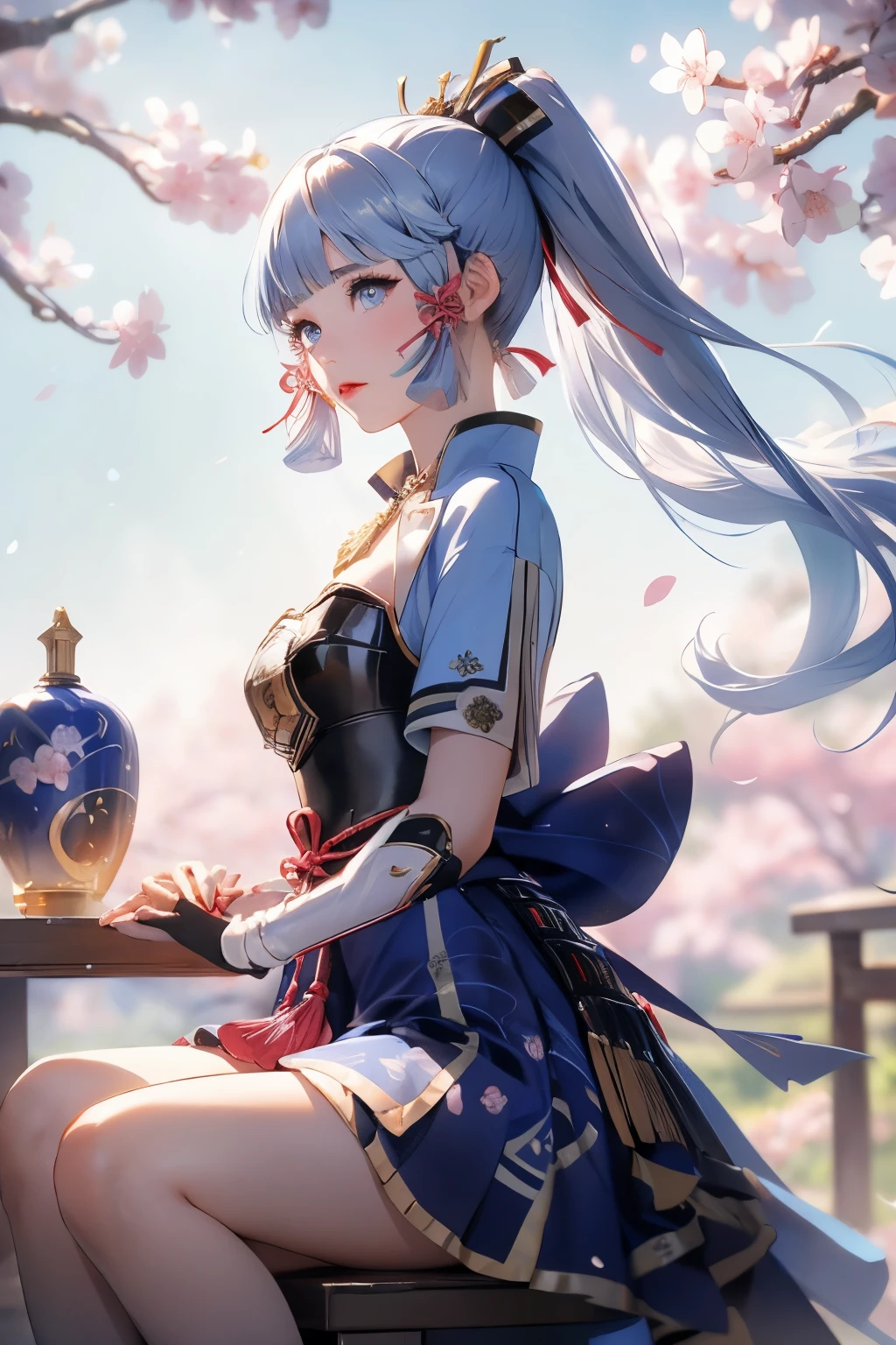 masterpiece, highest quality, ((kamisato ayaka_Genshin Impact)),((1girl,long hair,blue hair,ponytail,hair ribbon, hair ornament,mole under eye, blue eyes,breastplate,armor, short sleeves,japanese clothes,blue skirt, tassel,gloves, arm guards,))Ample breasts:1.9、[Sitting on a chair and holding a fan],((Fantastic background、whirlwind、cherry blossoms)),Dancing、Close-up image
