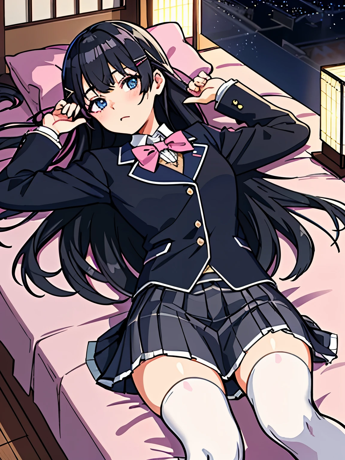 best quality, masterpiece, (lie on own back:1.2), embarrassed, tsukino mito, long hair, black hair, blazer, black jacket, hairclip, hair ornament, white thighhighs, bangs, pleated skirt, pink bow, long sleeves, collared shirt, white shirt, blue eyes, plaid skirt, black skirt, (skirt tug:1.4), (japanese bedroom at night:1.3)