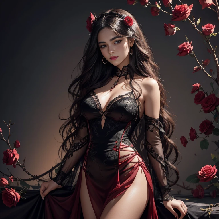 Masterpiece, (high quality, photorealism), ultra details, intricate patterns, full-length shot, charming girl, bright detailed eyes, luxurious eyelashes, black thin eyebrows, plump scarlet lips with gloss, light blush and freckles on the face, beautiful thin curly hair gathered in two tails, shine in the hair, abstract background, wild rose branch on the background, thorns on the stems, dark background with illumination from the depth in the center, contour light, drama, red transparent dress with black ribbons with a low neckline on the legs, beautiful female legs, luxurious jewelry on the body,