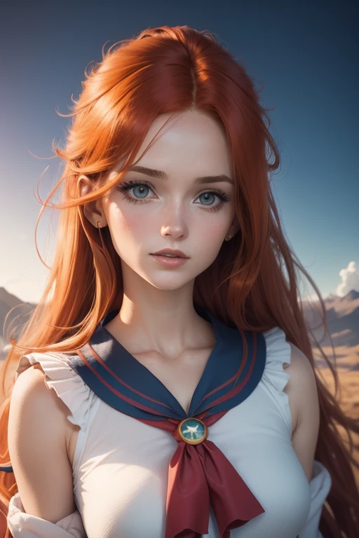 Une femme, 25 ans, cheveux longs, red hairs, rousse, beaucoup de Détails, dans un volcan, sailor moon cosplay,