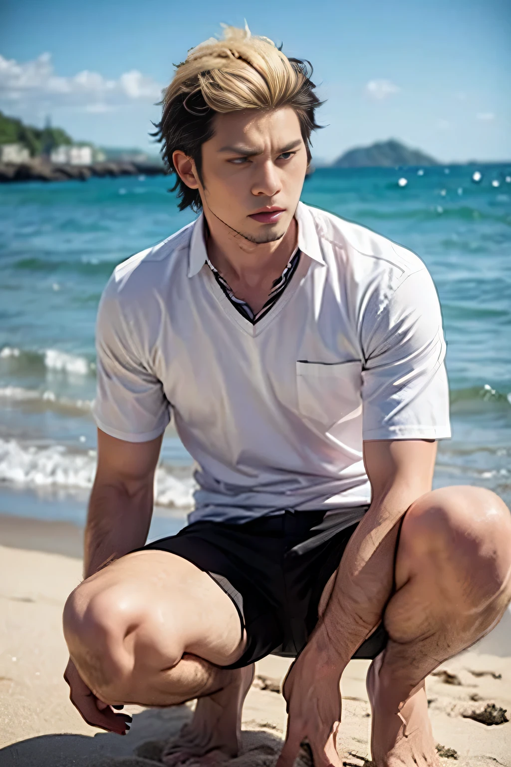 Realistic , Handsome Ryuuji Suguro ,beach