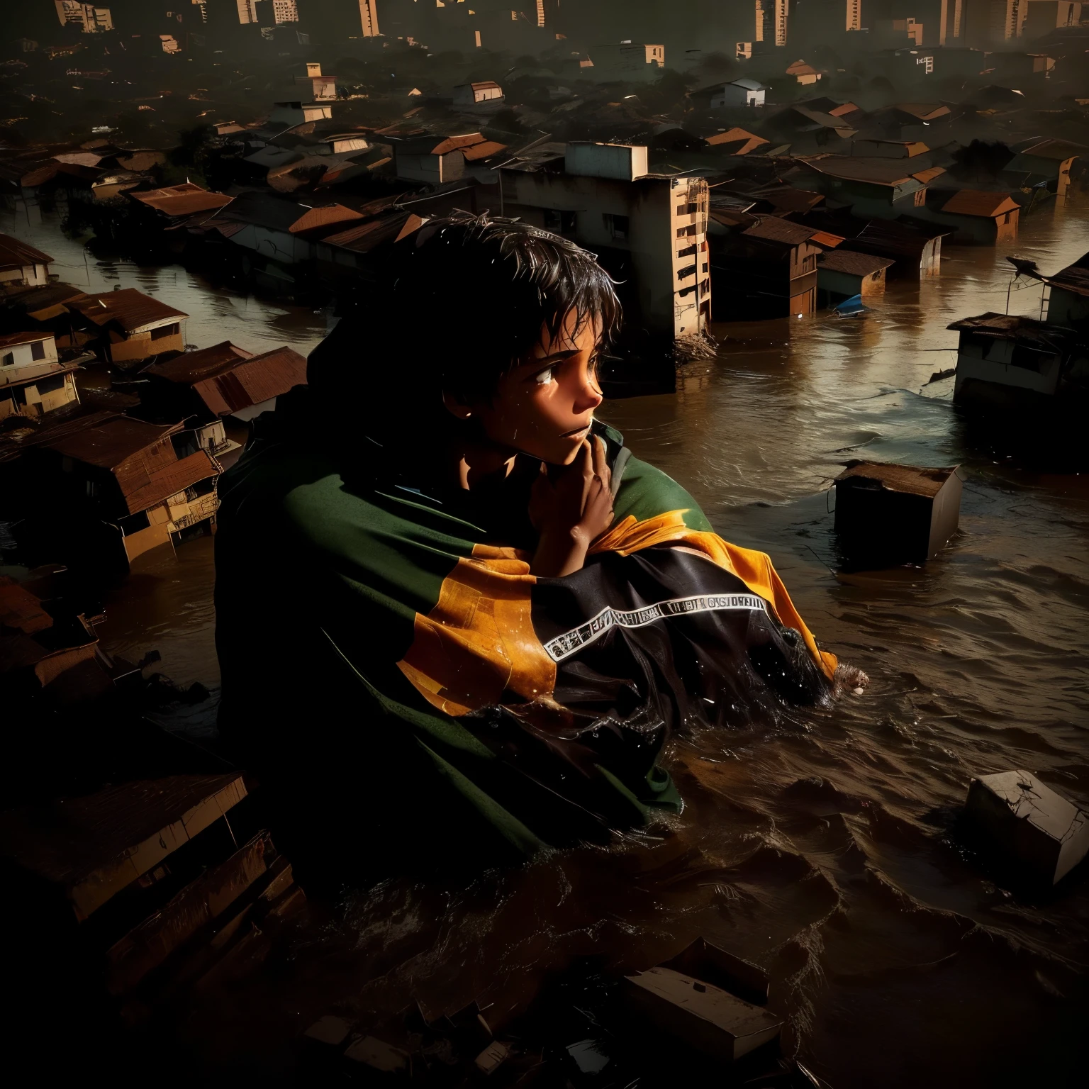 In the post-flood devastation, em uma cidade do Brasil, a brave boy emerges from the water, wrapped in the country&#39;s flag: a symbol of hope in the face of adversity. Descreva como ela se agarra a essa bandeira, com metade do seu corpo submerso, enfrentando o desafio da enchente. melhor qualidade imagem muito realista