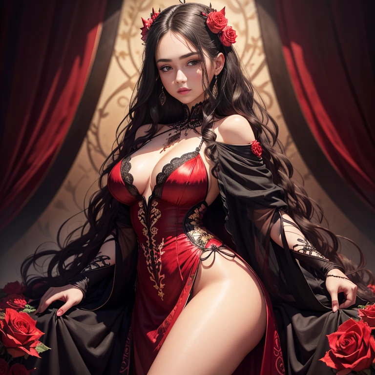 Masterpiece, (high quality, photorealism), ultra details, intricate patterns, full-length shot, charming girl, bright detailed eyes, luxurious eyelashes, black thin eyebrows, plump scarlet lips with gloss, light blush and freckles on the face, beautiful thin curly hair gathered in two tails, shine in the hair, abstract background, wild rose branch on the background, thorns on the stems, dark background with illumination from the depth in the center, contour light, drama, red transparent dress with black ribbons with a low neckline on the legs, beautiful female legs, luxurious jewelry on the body,
