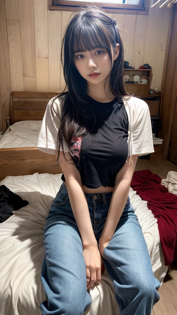 top-quality、​masterpiece、girl sleeping、20 years old、realistic sitting、Sexy body、large full breasts、white tshirt、denim、revealed her back、Has black hair((top-quality、8K、​masterpiece:1.3))、Photorealistic Superwoman、masutepiece