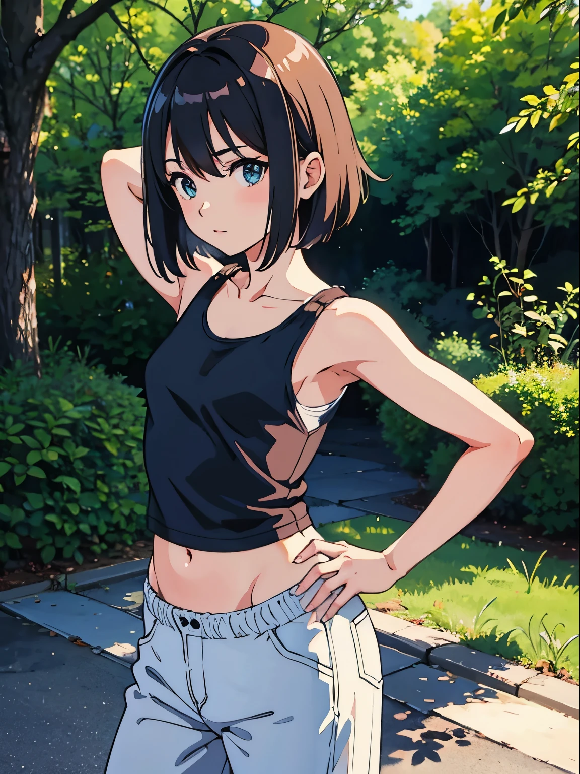 girl ************ wearing tank top and pants posing for photo, T-shirt, the figure is good, The head is not exposed，4K digital art, Realistic shadow perfect body, art-style, photorealistic anime, by Shitao, Popular topics on cgstation, sexy pose, realistic anime 3D style, small breasts, outdoors, nature, fit