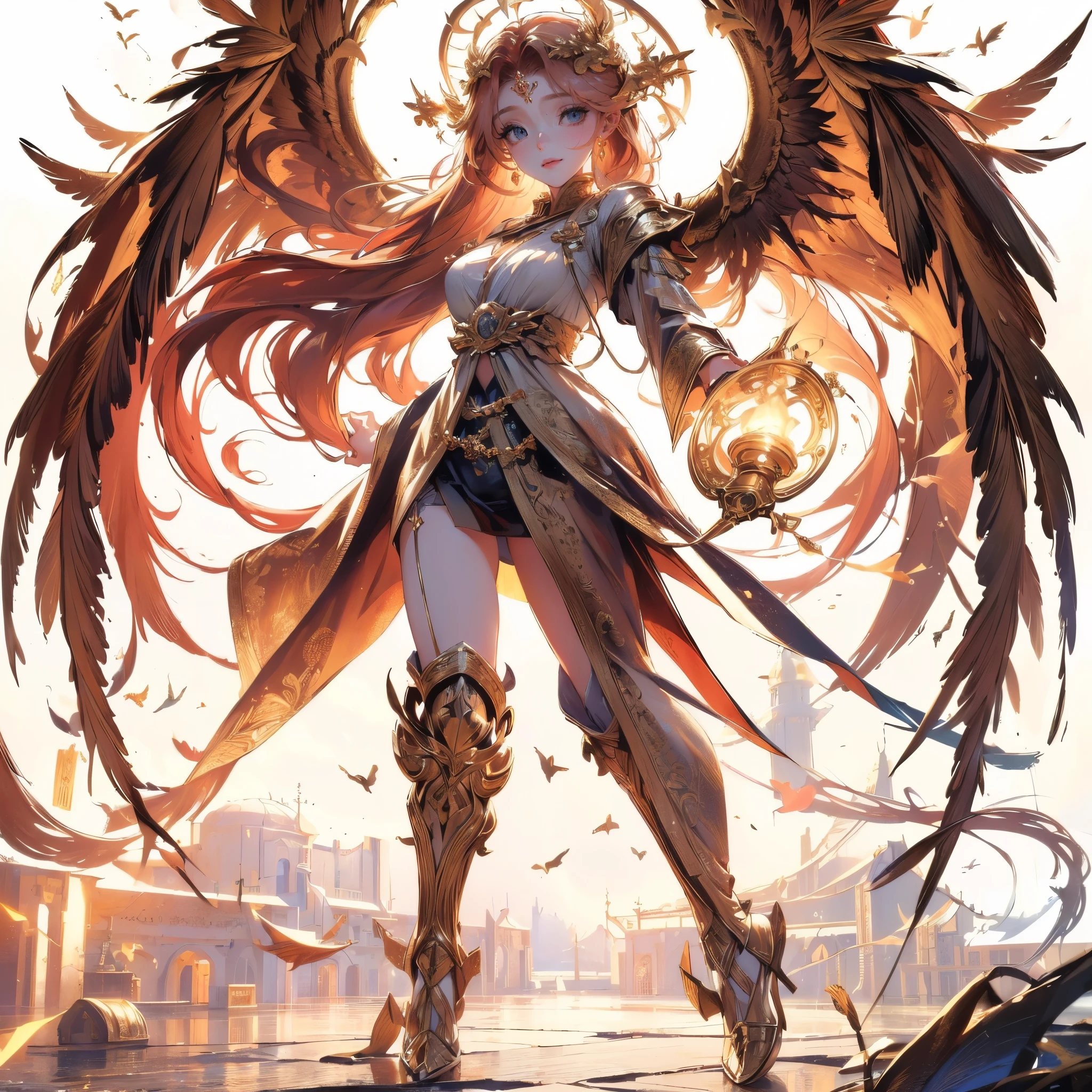 (best quality,4k,8k,highres,masterpiece:1.2), ultra-detailed, Greek goddess, tunic, satin, cute, perfect wings, golden halo, ethereal beauty, flowing hair, delicate features, divine proportions, serene expression, enchanting smile, graceful pose, radiant twilight, sunlit garden, soft colors, dreamy ambiance.