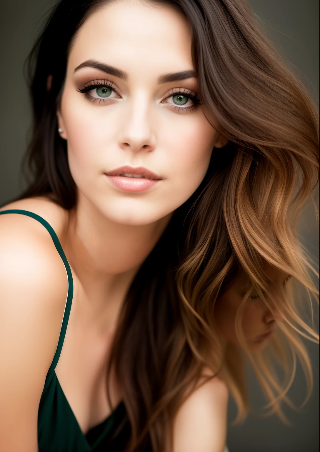 A striking portrait of a young and beautiful woman in her 30s, green eyes, striking features. She must have long red hair, a captivating look and a seductive expression. The background should be neutral and simple, allowing the woman to be the focal point of the image. Please pay close attention to details, such as highlights and shadows on your face and hair, to create a realistic and realistic image. Try different lighting techniques to improve the mood and atmosphere of the portrait. The final product should be a masterpiece that captures the essence and beauty of the woman, ((highly detailed skin, skin details)), sharp focus, volumetric mist, 8k UHD, DSLR, high quality, film grain, Fujifilm XT3, full body
