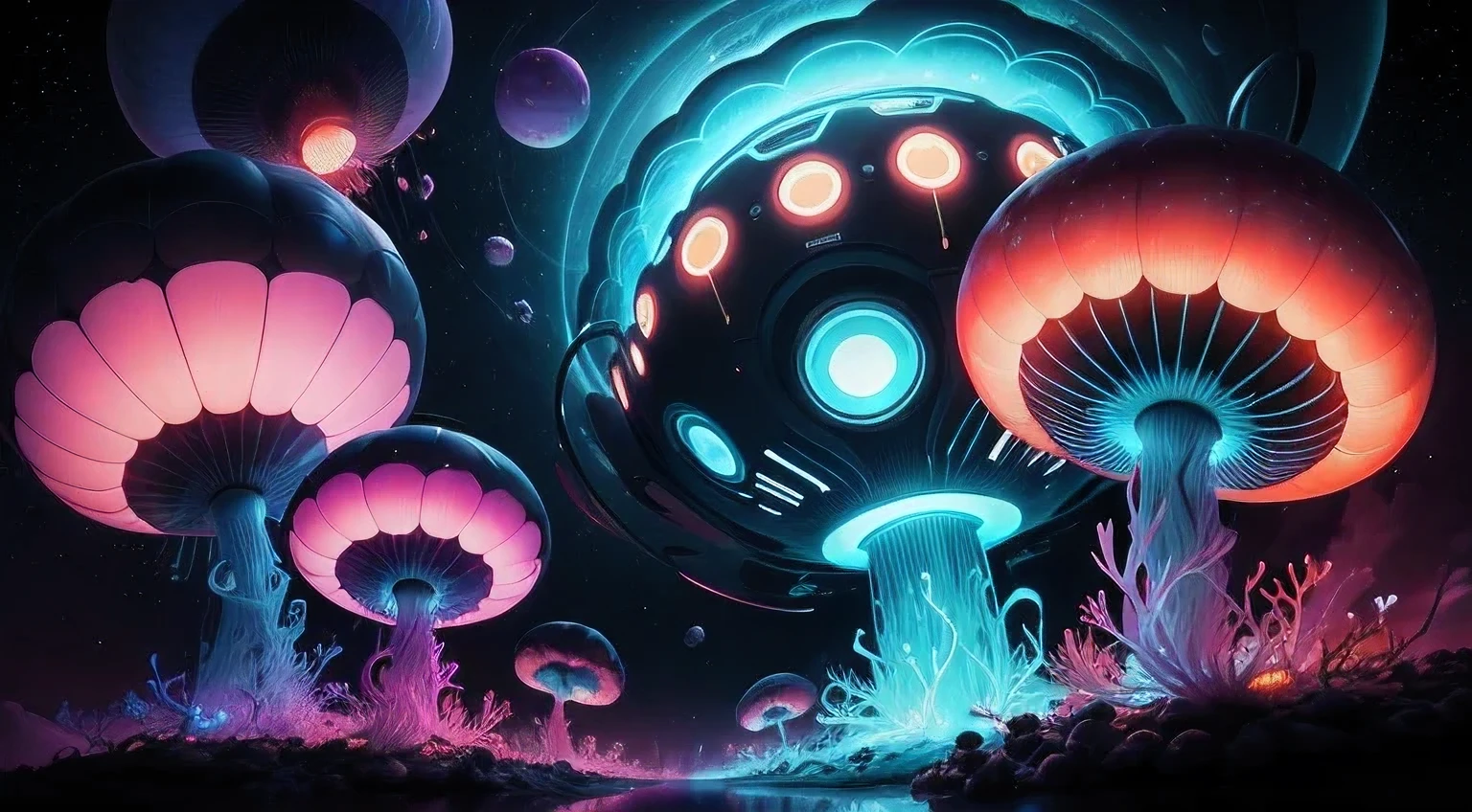 a rotoscope close up of several groups of colorful neon florescent jellyfishs floating around coral in the air, jen bartel, extraterrestrial paradise, greg beeple, neon mushrooms, artgem and beeple masterpiece, sci fi artwork, dj turntables in space, flying ufos in sky, sunset in background, purple orange teal grewn hues.