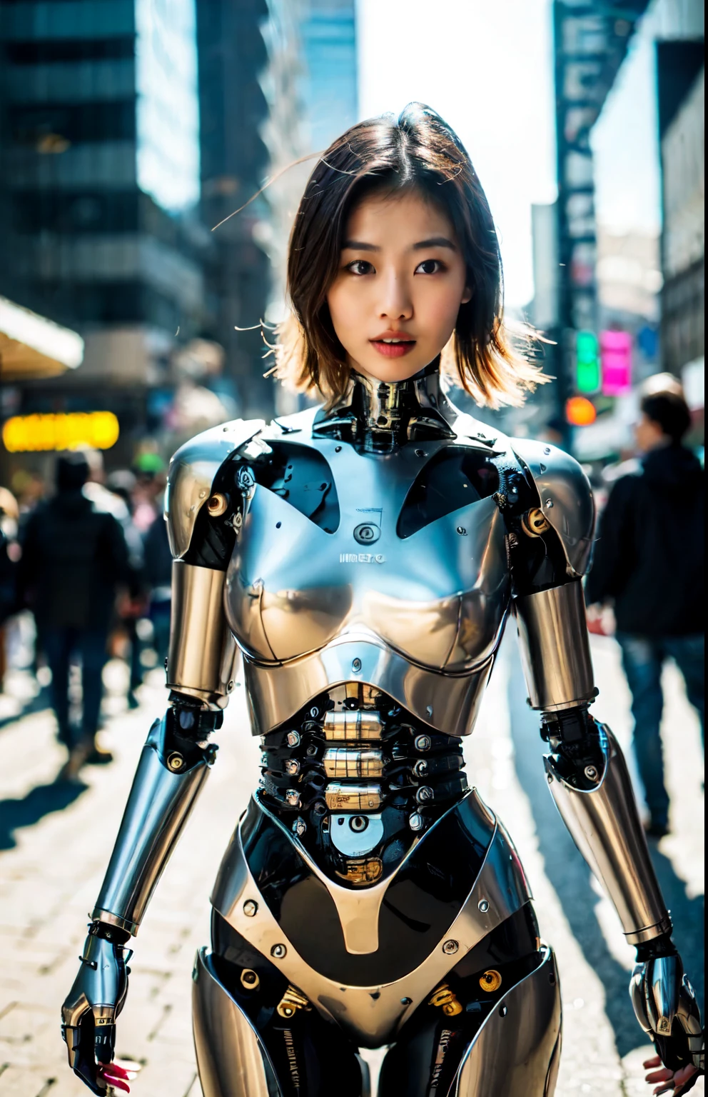 Woman-robot in the big city, high quality, absurdres, masterpiece, beautiful, intricate details, 1/2 body crop, slim body, beautiful figure, magnificent anatomy, (intricate details:1.12), HDR, (intricate details, hyper-detailing:1.15), (natural skin textures, hyper realisitc, soft light, Sharp:1.2)