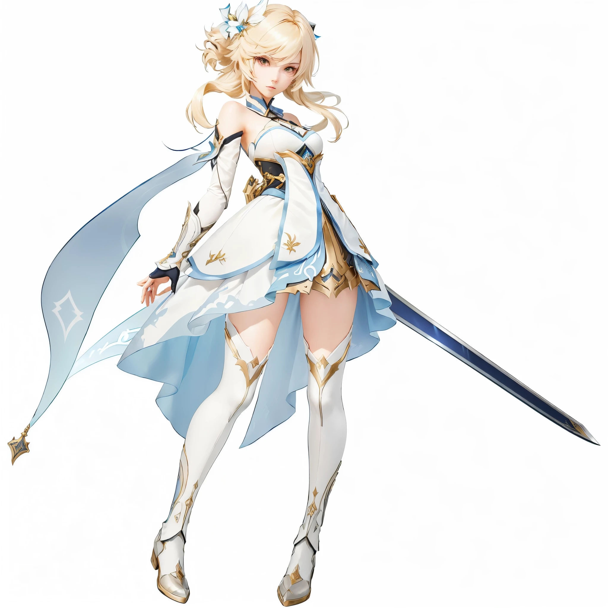 Recreate the character "Lumine" from the game "Genshin Impact" in a completely realistic way, using the same styles of clothing, hair, eyes, sword, waist, bust, eyes, shoulders, hands, legs, boots, shoes that she already has in game