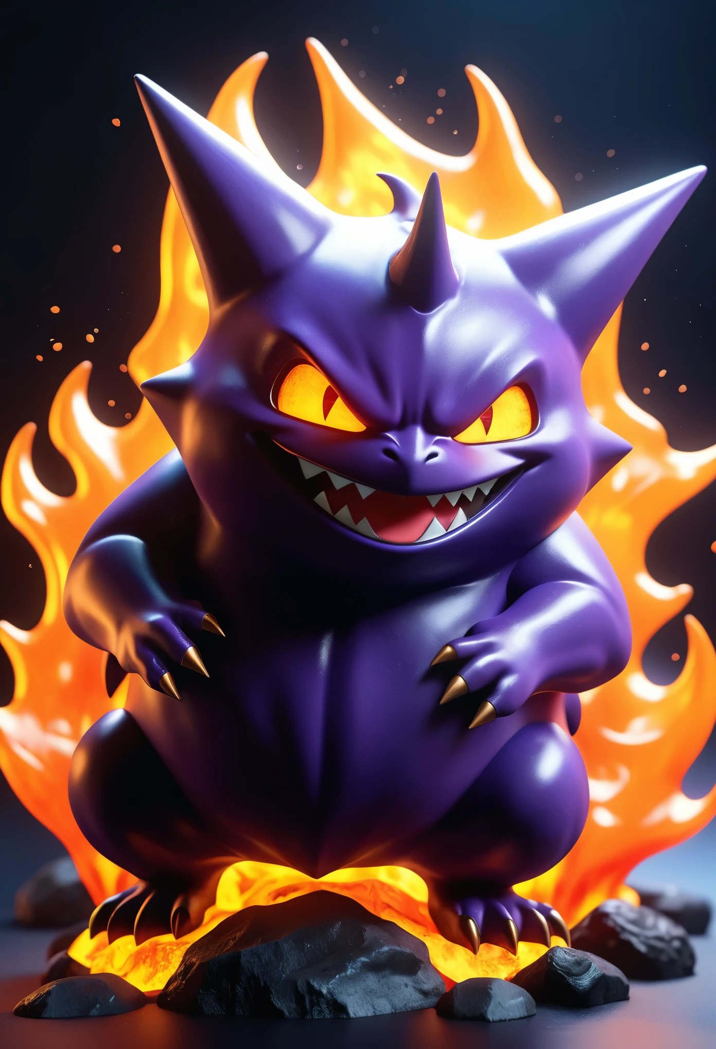 Gengar_devil,\(Conceptual design\),Half of the organism is made of magma material,Smooth transition,(glowing),lim light,masterpiece,best details,8K,Sharp focus,ray tracing,
