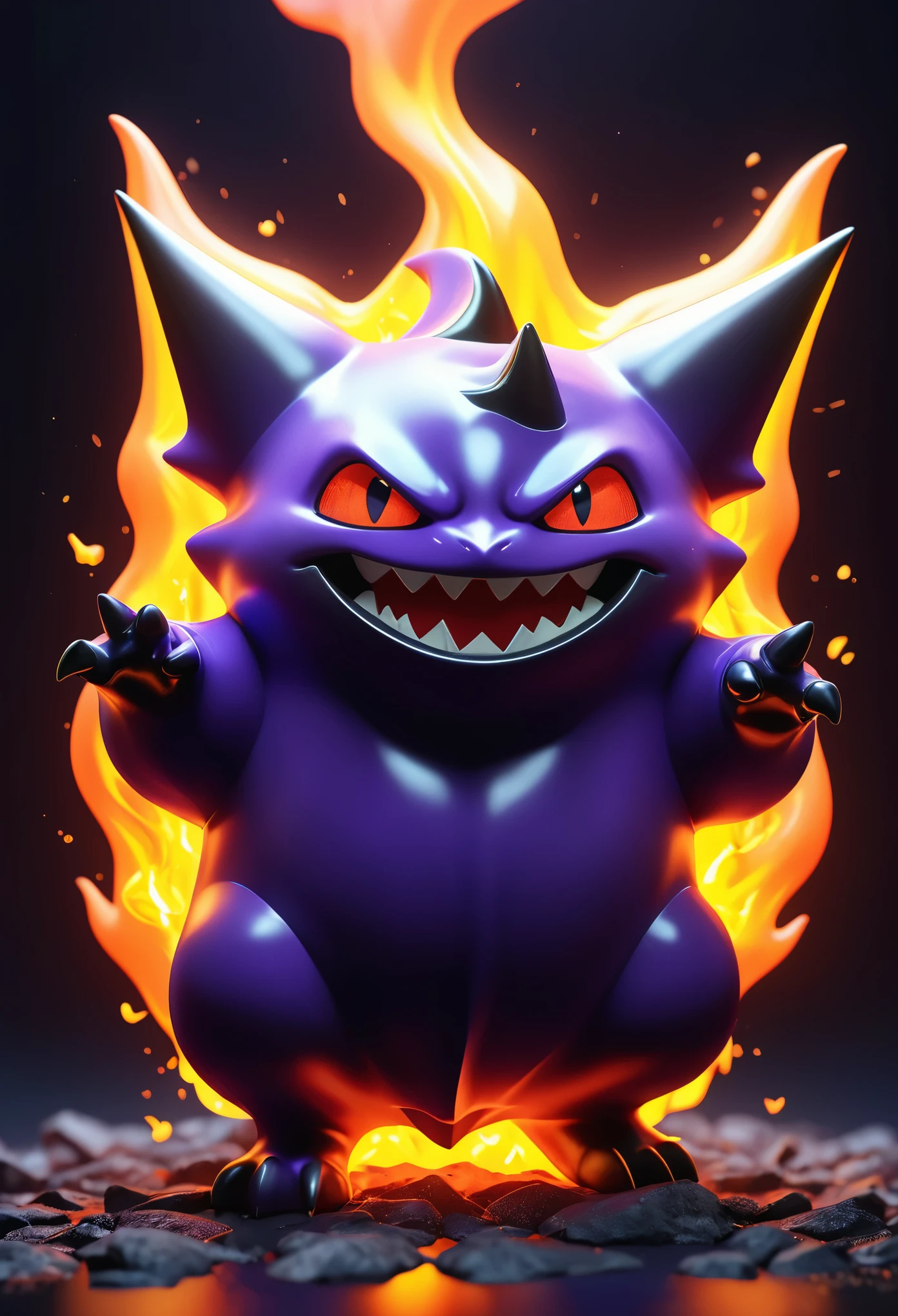 Gengar_devil,\(Conceptual design\),Half of the organism is made of magma material,Smooth transition,(glowing),lim light,masterpiece,best details,8K,Sharp focus,ray tracing,