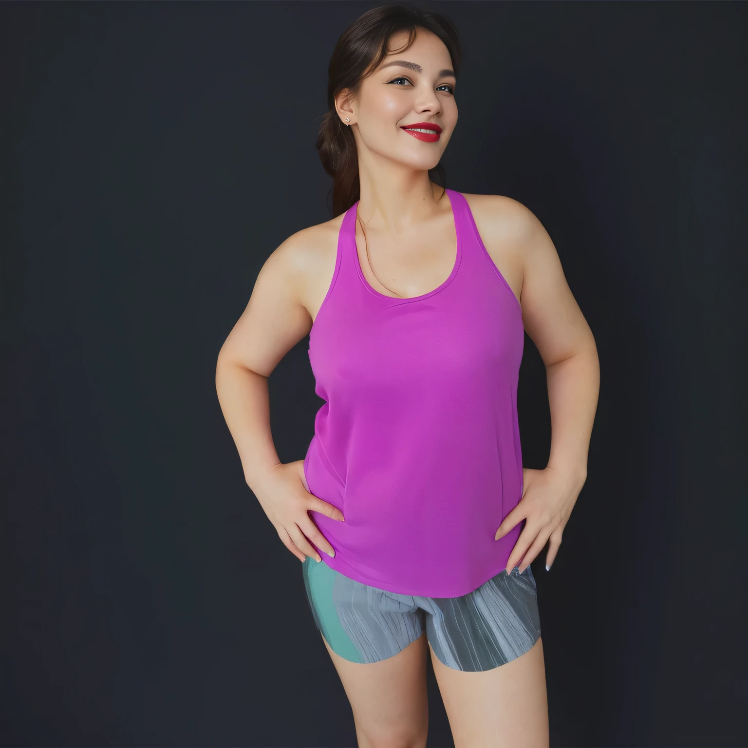 The image shows a woman standing against a black background. with her hands resting on her hips as she smiles. She is wearing a vibrant purple sports tank top and heather shorts (((blue-gray-green-black))), suggesting an active lifestyle or athletic attire for working out. Her pose and smile convey a sense of joy and self-confidence. Her expression appears neutral and she is looking directly at the camera. She is about 42 years old, 1.62 tall, 60 kg, best quality, perfect face, perfect mouth, perfect hands, is standing, (full body) her slightly plump and red lips look like a delicate flower. Slim body, slim waist. Her body exudes glamor and her face is the definition of beauty. Highly realistic, reddish skin, beautiful and slightly plump lips, pink lipstick, feeling of lightness and joy, hyper-realism, very elaborate skin. Sharp photo, high quality, high resolution (ultra quality masterpiece), Ultra HD, high contrast, 16K. Masterpiece: 1.3, high resolution, (photographically realistic), NUDE, NUDITY, NFSW.