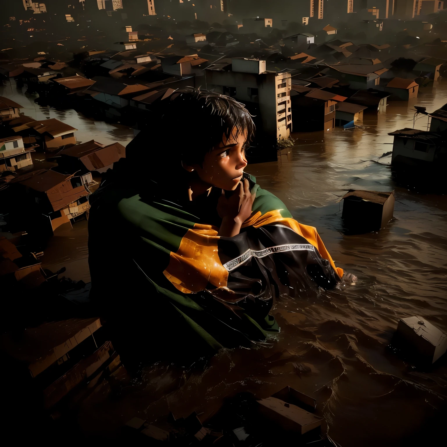 In the post-flood devastation, em uma cidade do Brasil, a brave boy emerges from the water, wrapped in the country&#39;s flag: a symbol of hope in the face of adversity. Descreva como ela se agarra a essa bandeira, com metade do seu corpo submerso, enfrentando o desafio da enchente. melhor qualidade imagem muito realista