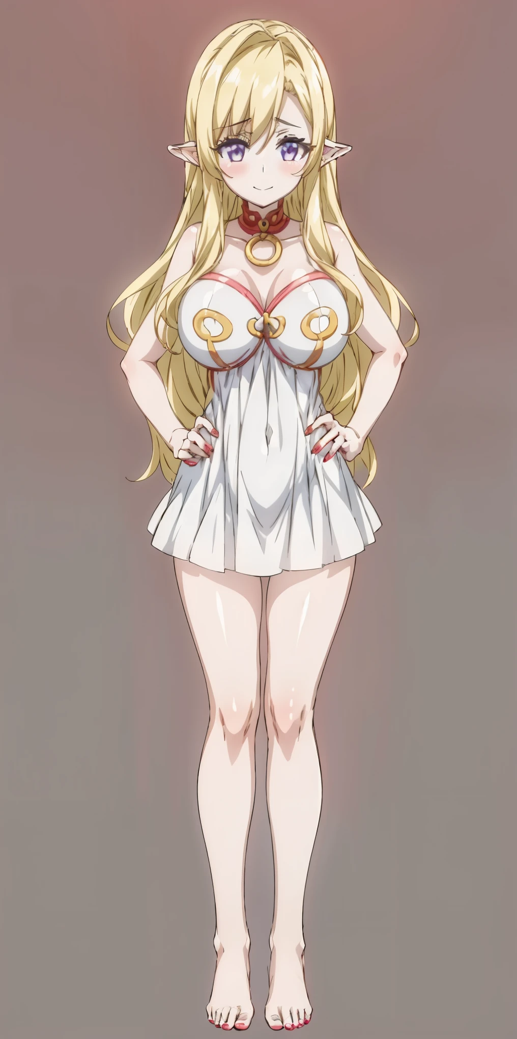 (plain background) (chest covered)(smile) gray skin, pale golden hair and violet eyes, huge knockers, full body standing symmetrical lustful smirking smile face red blush, pink painted nails, 1 girl full body standing straight symmetrical lustful smirking smile face red blushed, red cheeks, hands on hips