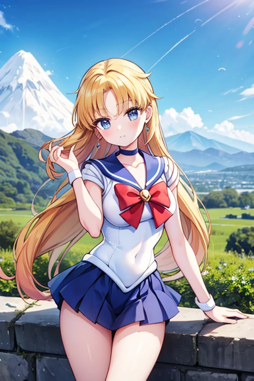 Une femme, 25 ans, cheveux longs, blond hairs, rousse, beaucoup de Détails, dans un volcan, sailor moon cosplay,