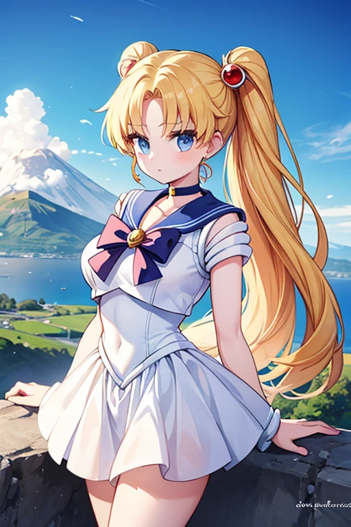 Une femme, 25 ans, cheveux longs, blond hairs, rousse, beaucoup de Détails, dans un volcan, sailor moon cosplay,
