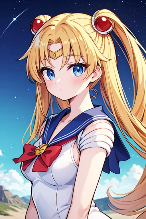 Une femme, 25 ans, cheveux longs, blond hairs, rousse, beaucoup de Détails, dans un volcan, sailor moon cosplay,