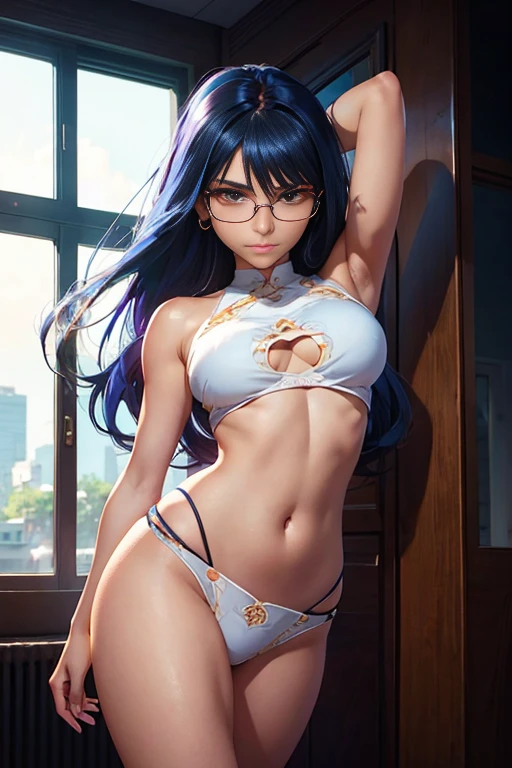 Squatting!、dynamicposes、legs spread out、eye glasses、(Glossy micro bikini with reflective surface)、(magazine:1.3), (cover-style:1.3),Hands behind the head、(Dripping wet body:1.2)、(FULL BODYSHOT)、((masterpiece))、 super fine face and eyes,Colorful twin tails,