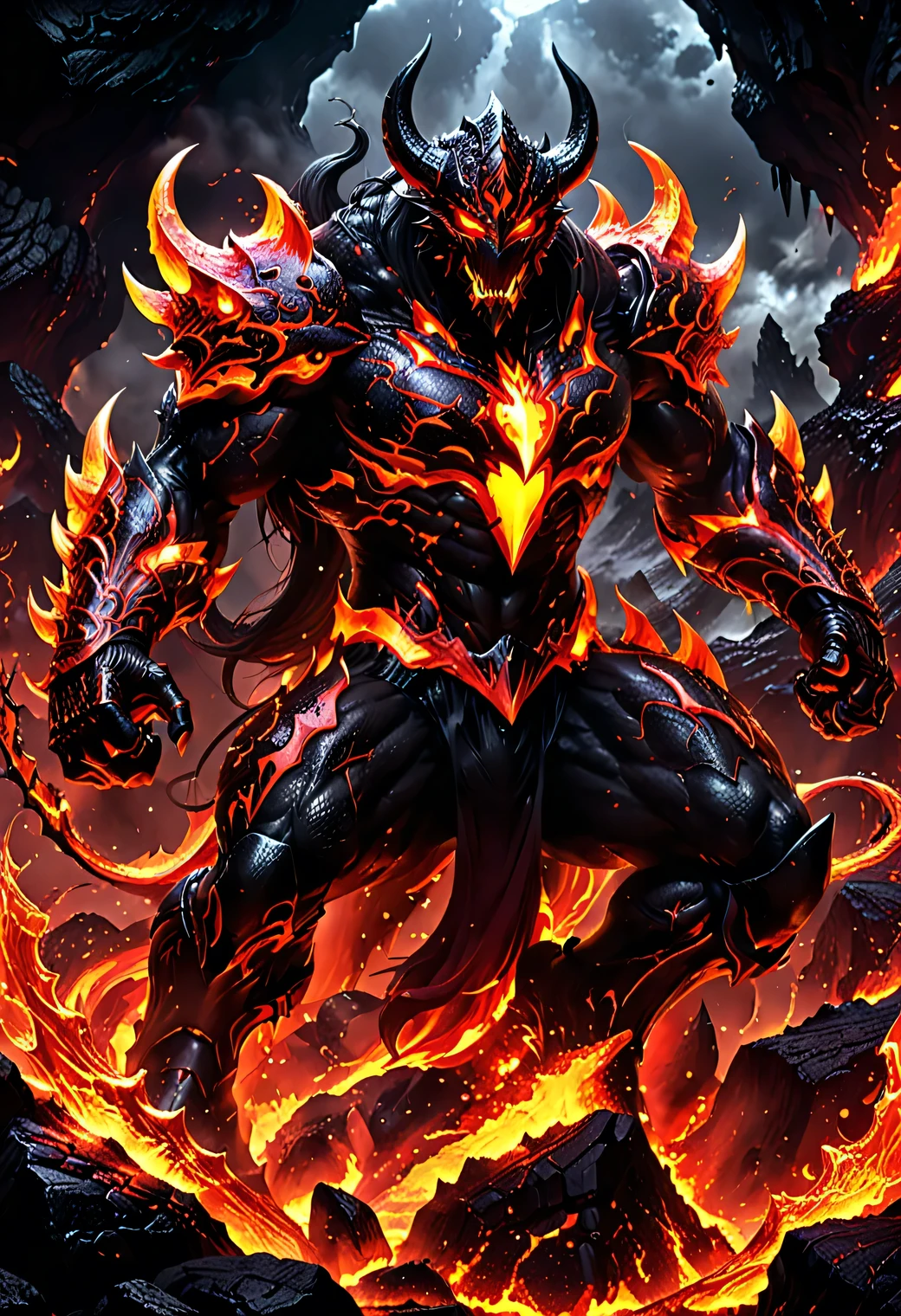 Ultra detailed Lava Demon Fighter!, Lava Demon super fighter, the Lava Demon has a transparent superhero costume and dark lava flows are visible inside, ((In the chest of the Lava Demon)) ((dark scarlet blazes)) ((fiery heart)), full body, lava streaks from the demon's eyes, lava drops on the demon's fangs, full pose, red-hot steel claws of the Lava Demon, incredibly detailed, incredibly masterful, very high resolution, 32k, dark fantasy art, anime style 100%, action fighting anime scene, attack, fight, battle of the lava demons