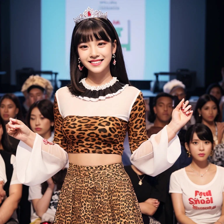 Pure Fuyuko, 1 Girl, Solitary, Black Hair, have, jewelry, Long hair, Looking at the audience, Bangs, earrings, skirt, White background, Smile, shirt, Simple background, Heart earrings, Long sleeve, Heart, Black tiara, black shirt, frilled Necklace, breast, Brown eyes, Necklace, blunt Bangs, Upper Body, Berets, medium breast, brown skirt, decorate, Nail polish, ribbon, Red nails, Shut up, Animal print, blush, Ruffled sleeves, Leopard, neck ribbon, own hands