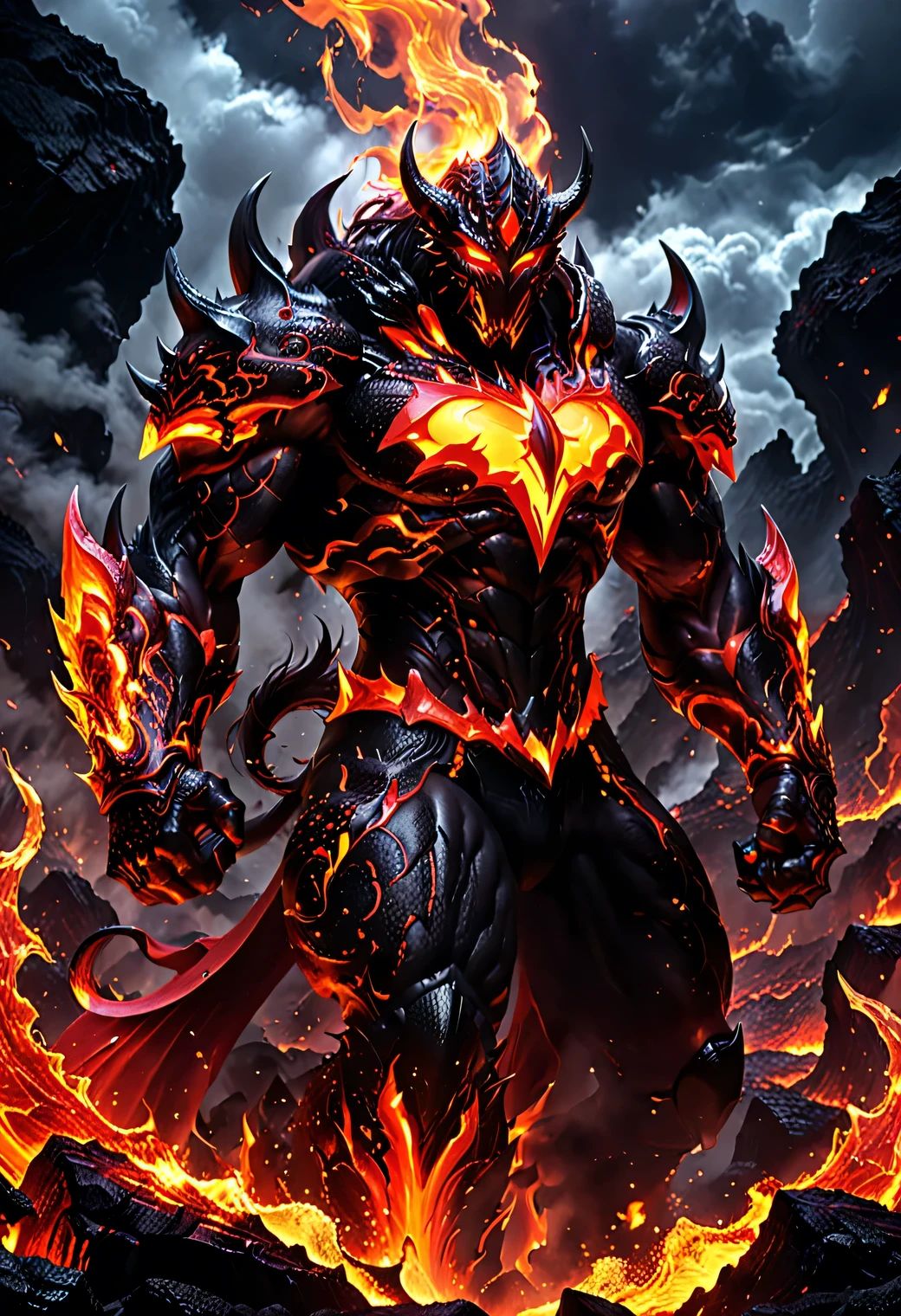 Ultra detailed Lava Demon Fighter!, Lava Demon super fighter, the Lava Demon has a transparent superhero costume and dark lava flows are visible inside, ((In the chest of the Lava Demon)) ((dark scarlet blazes)) ((fiery heart)), full body, lava streaks from the demon's eyes, lava drops on the demon's fangs, full pose, red-hot steel claws of the Lava Demon, incredibly detailed, incredibly masterful, very high resolution, 32k, dark fantasy art, anime style 100%, action fighting anime scene, attack, fight, battle of the lava demons