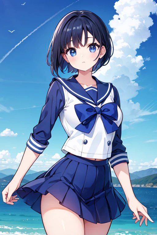 Une femme, 25 ans, cheveux longs, black hairs, rousse, beaucoup de Détails, dans un volcan, sailor mercury cosplay,