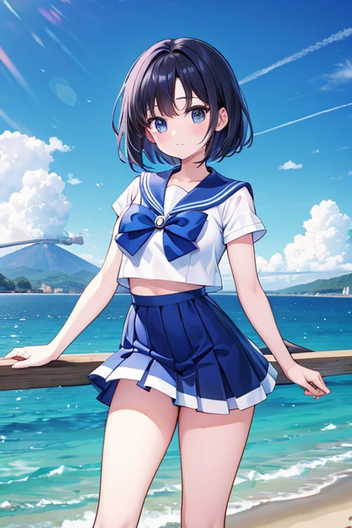 Une femme, 25 ans, cheveux longs, black hairs, rousse, beaucoup de Détails, dans un volcan, sailor mercury cosplay,