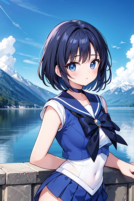 Une femme, 25 ans, cheveux longs, black hairs, rousse, beaucoup de Détails, dans un volcan, sailor mercury cosplay,