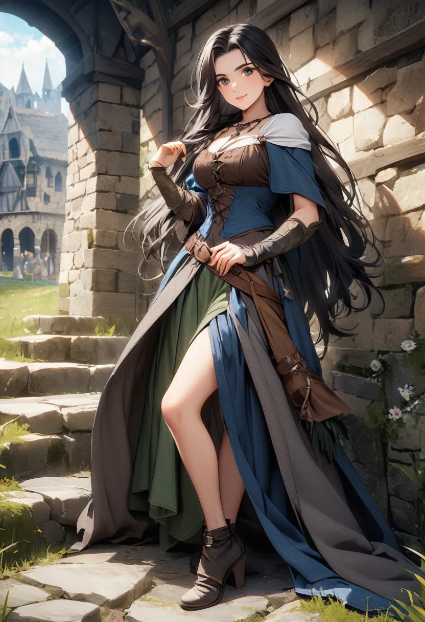 Italian girl, 25 years old, very long black hair, medieval fantasy sorceress, medieval fantasy world