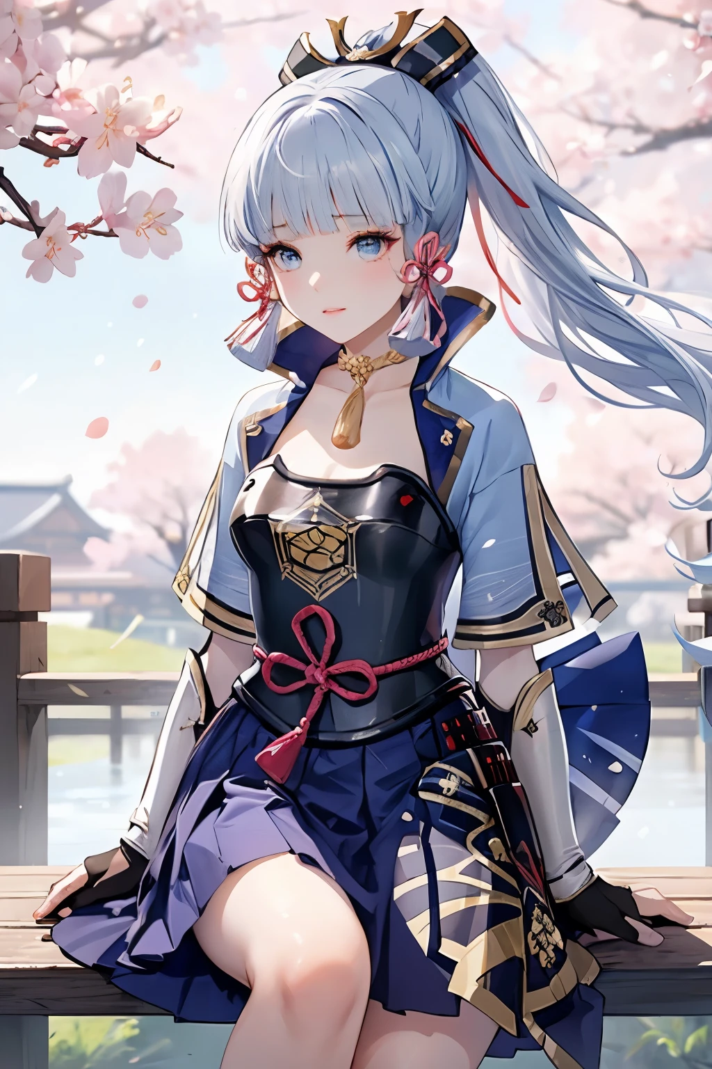 masterpiece, highest quality, ((kamisato ayaka_Genshin Impact)),((1girl,long hair,blue hair,ponytail,hair ribbon, hair ornament,mole under eye, blue eyes,breastplate,armor, short sleeves,japanese clothes,blue skirt, tassel,gloves, arm guards,))Ample breasts:1.9、[Sitting on a chair and holding a fan],((Fantastic background、whirlwind、cherry blossoms)),Dancing、Close-up image
