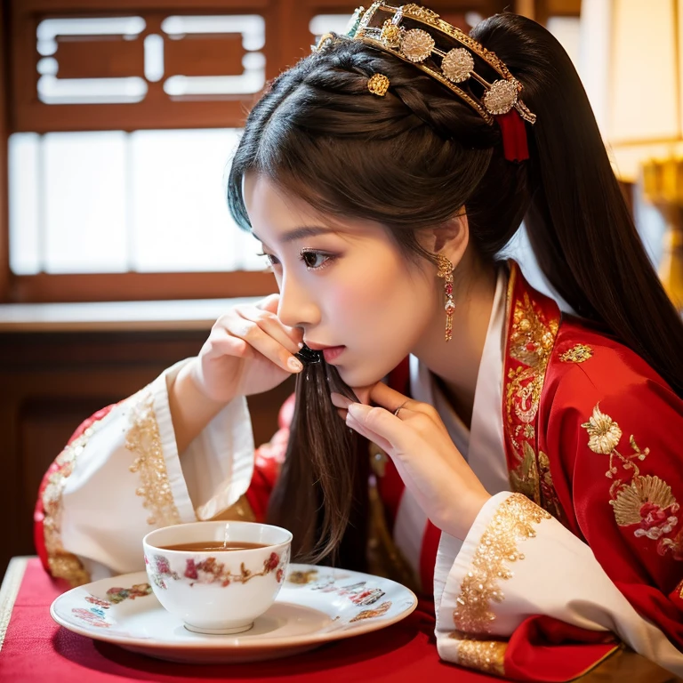 Close-up of a woman sitting at the table drinking a cup of coffee, palace , Girl wearing Hanfu, A young woman plays, beautiful oriental woman, Chinese woman, Chinese Girl, Chinese Princess, an Asian woman, a young Asian woman, ancient Chinese Princess, Asian woman, wearing chinese clothes, Traditional Beauty, Young Asian Girl