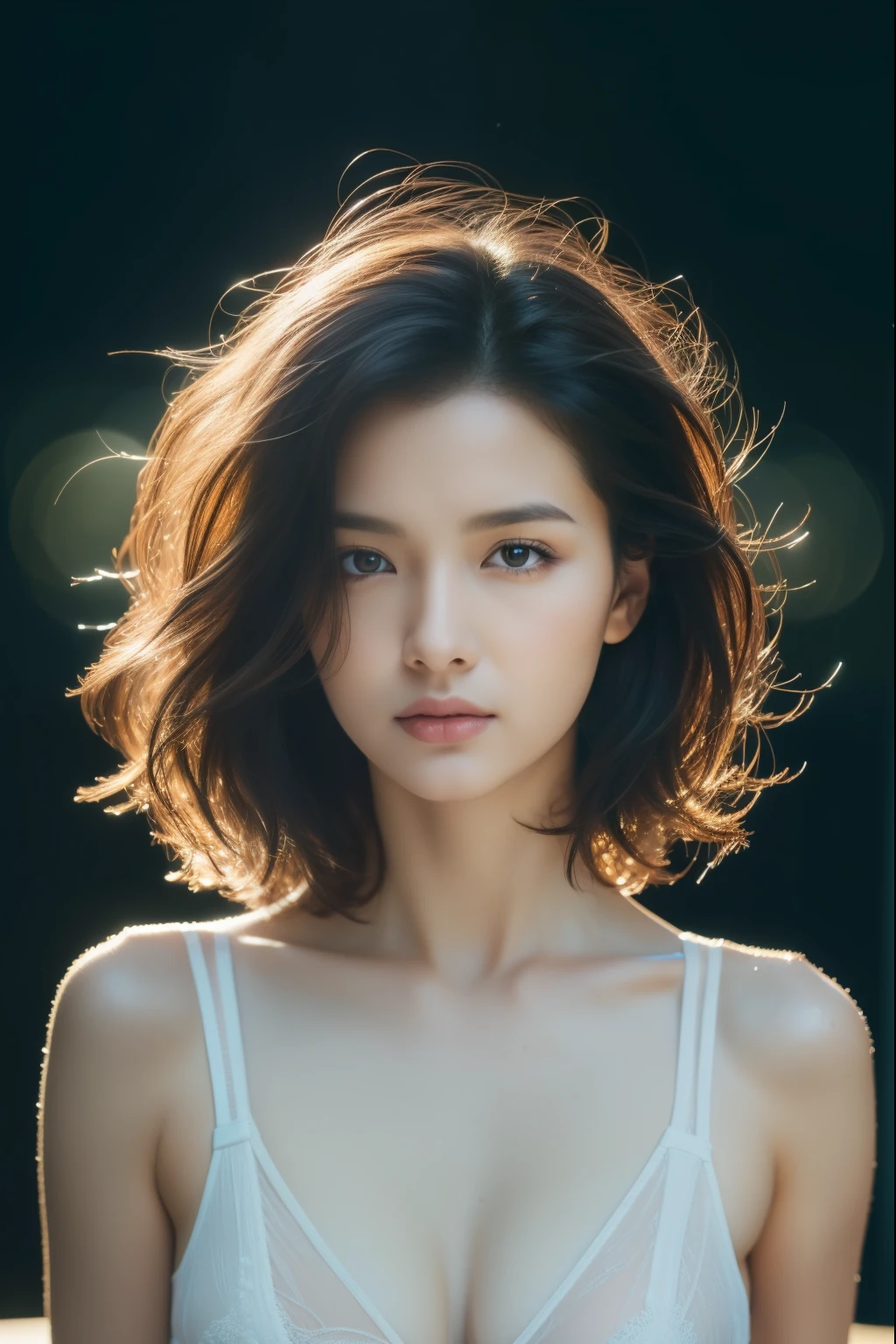Random pose, Mix 4, (8k, original photo, best quality, masterpiece: 1.45), (actual, lifelike: 1.37), One girl, Lovely, city View, night, rain, wet, professional lighting, photon mapping, Radiosity, Physically based rendering, gradient black hair, short curly hair, Handsome, girl, t-shirt, high quality photos, high resolution, 1080P, (clear face), (detailed facial description), (Detailed description of the hand), (masterpiece), (Exquisite CG), Extreme light and shadow, messy hair, masterpiece, Rich in details, (Exquisite facial features), (best quality photos), (masterpiece), (beautiful eyes), look in front of you, Thin clavicle,bra strap