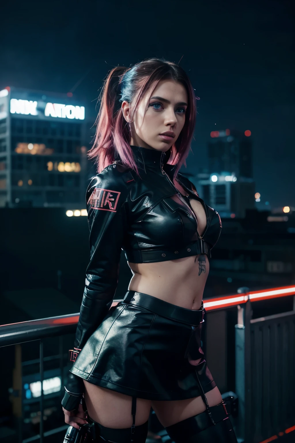 retrowave anime cyberpunk girl, scarlett johansson, fur skirt
(best quality,4k,8k,highres,masterpiece:1.2),ultra-detailed,(realistic,photorealistic,photo-realistic:1.37),retrowave anime cyberpunk girl,scarlett johansson,fur skirt,portraits,strobe lights,neon colors,plasma effects,cityscape background,glowing eyes,cybernetic enhancements,technological tattoos,sci-fi inspired fashion,digital art style,vibrant colors,high contrast,sharp focus,dynamic action pose,anime-inspired hair,chrome accessories,nighttime atmosphere,lens flares,parallel lines,vivid colors,retro-futuristic aesthetic,electric blue,glowing energy,edgy makeup,gritty textures,reflection in sunglasses,city lights,urban decay,excitement and energy