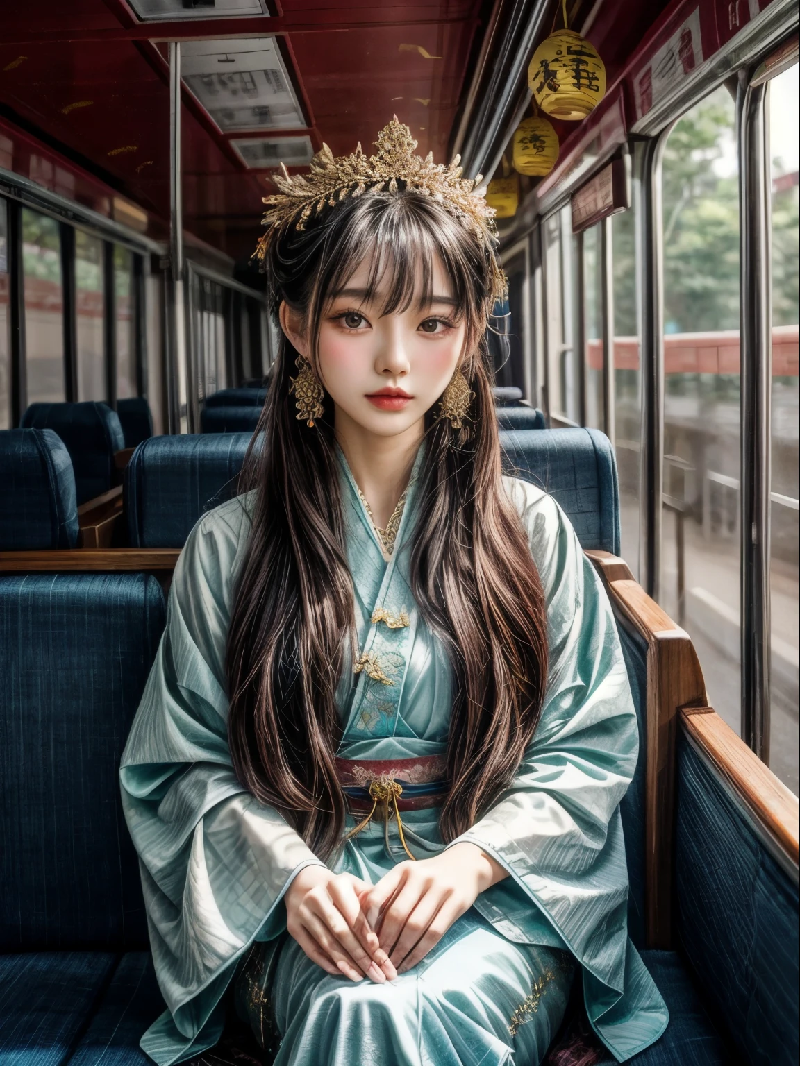 araffe woman sitting on a bus with a headpiece on, beautiful oriental woman, beautiful asian woman sitting, portrait shot, a young asian woman, asian girl with long hair, asian woman, young asian woman, young asian girl, beautiful young asian woman, chinese girl, beautiful asian woman, palace , a girl in hanfu, infp young woman, bohemian fashion