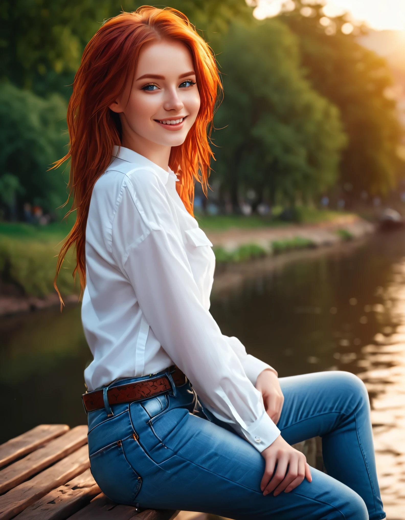 (best quality, highres),ultra-detailed,(realistic:1.37),digital art, girl, red_hair, flowers, baggy jeans, white shirt, discreet smile, cute look, beautiful detailed eyes, beautiful detailed lips, extremely detailed eyes and face, longeyelashes, sitting on a bench, river in the background, golden hour, by Daniil Suponitskiy, jpegman, vivid colors, sharp focus, bokeh, concept artists style, warm color tones, soft lighting