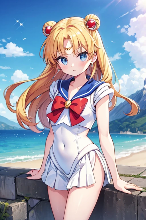 Une femme, 25 ans, cheveux longs, blond hairs, rousse, beaucoup de Détails, dans un volcan, sailor moon cosplay,