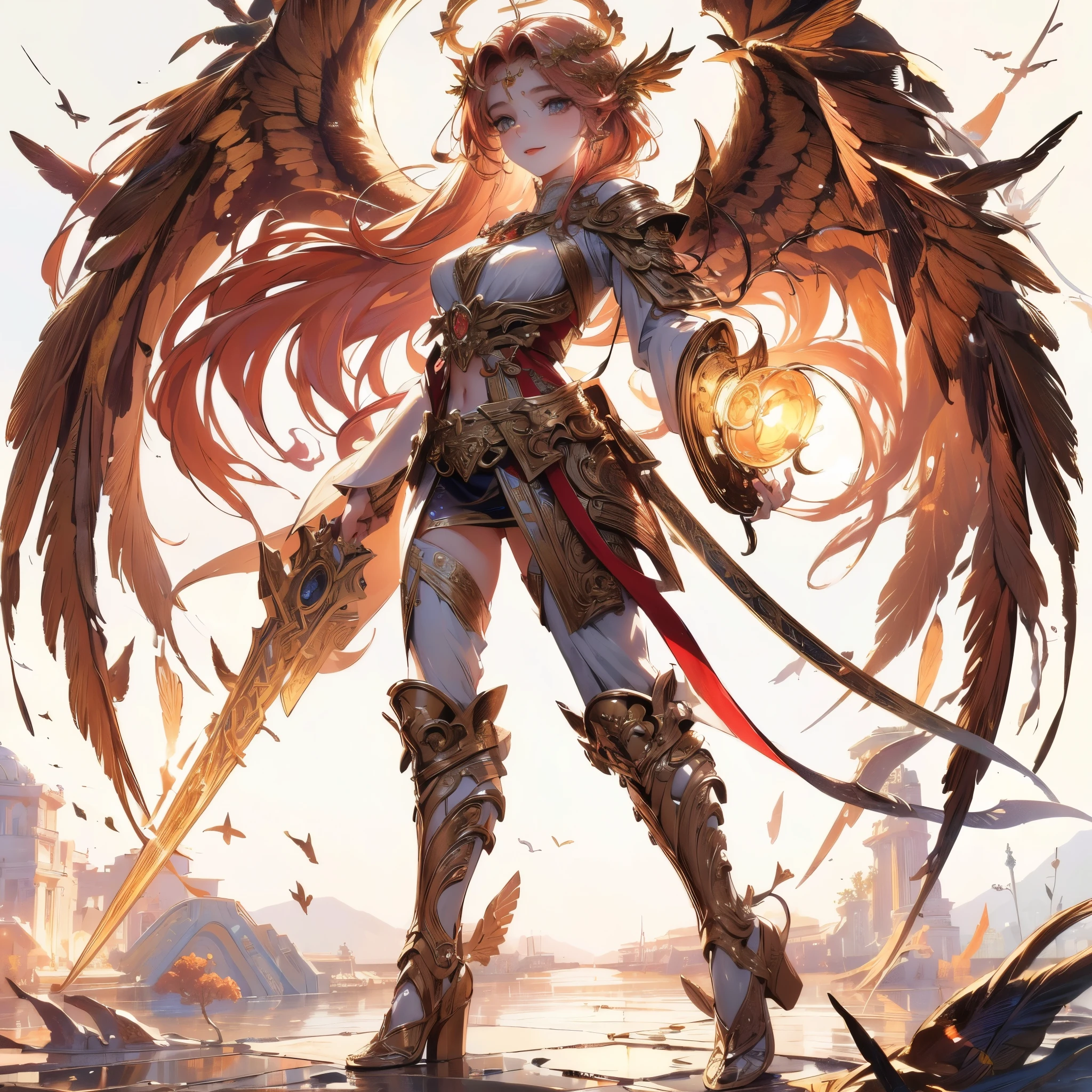 (best quality,4k,8k,highres,masterpiece:1.2), ultra-detailed forniture, Greek goddess,simple tunic, satin, cute, perfect wings, golden halo, ethereal beauty, flowing hair, delicate features, divine proportions, serene expression, enchanting smile, graceful pose, radiant twilight, sunlit garden, soft colors, dreamy ambiance.