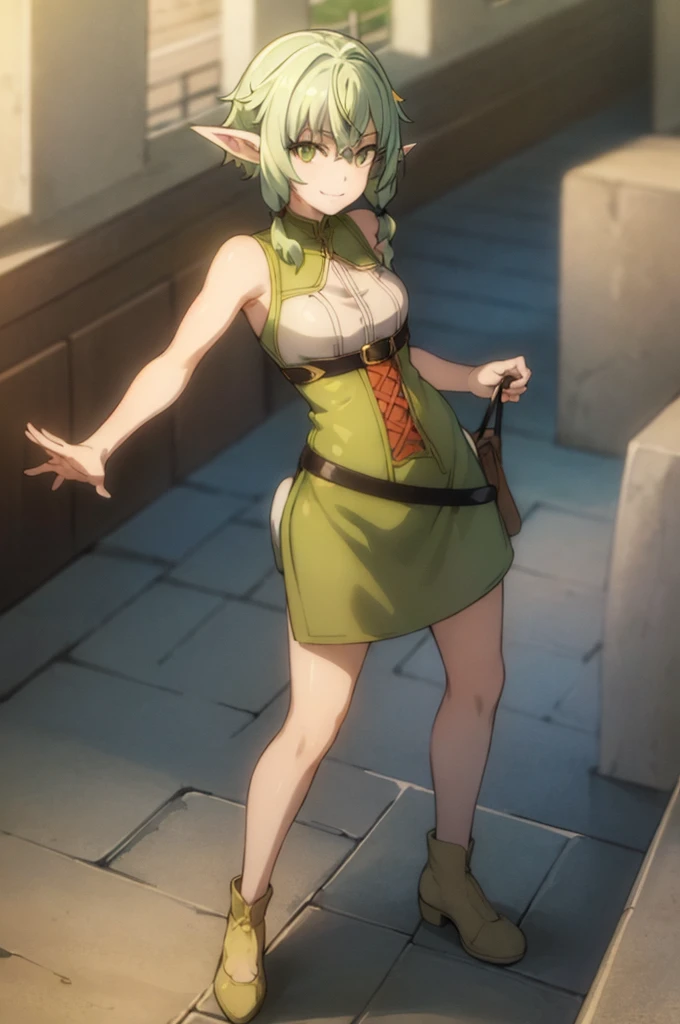 best quality, (masterpiece:1.2), detailed,
1girl, solo, closed mouth, smile, pointy ears,
green hair, green eyes, short hair, short hair with long locks, 
green dress, sleeveless dress,
standing, looking at the viewer,
outdoors, (standing,full body)