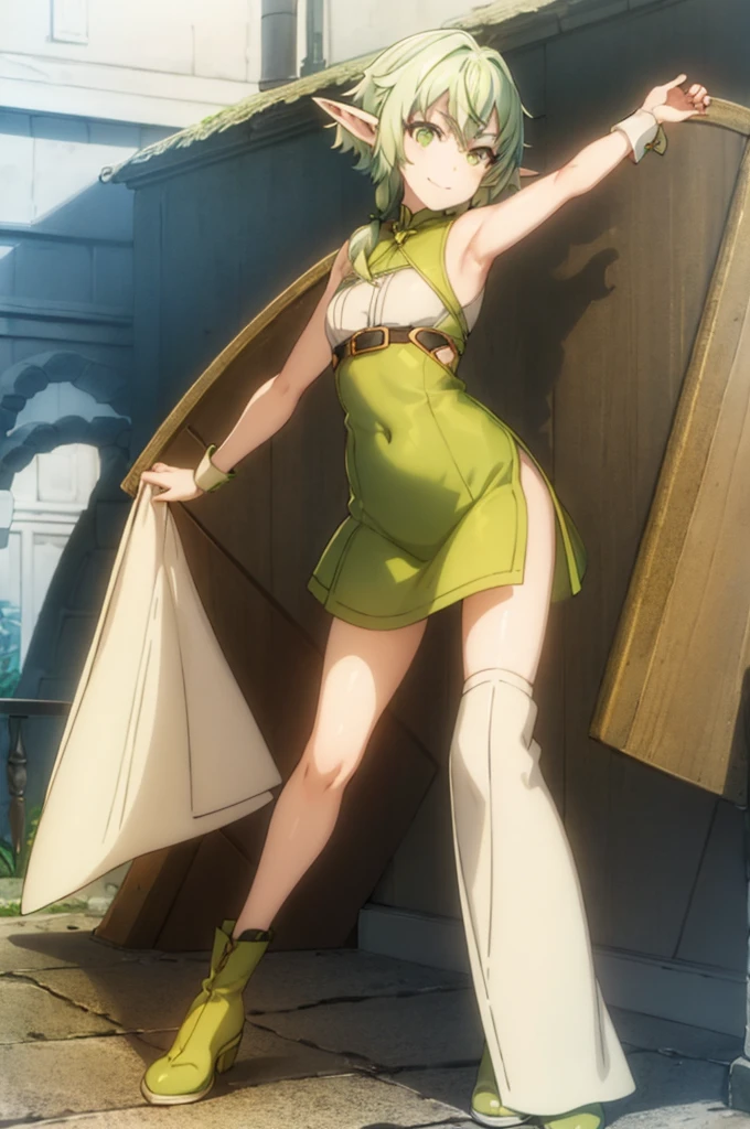 best quality, (masterpiece:1.2), detailed,
1girl, solo, closed mouth, smile, pointy ears,
green hair, green eyes, short hair, short hair with long locks, 
green dress, sleeveless dress,
standing, looking at the viewer,
outdoors, (standing,full body)