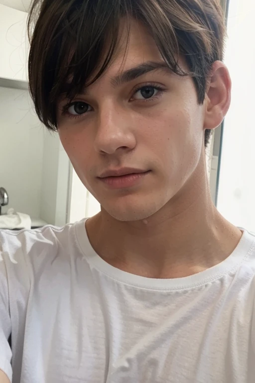 short haired brunette boy wearing a white t shirt taking a selfie 