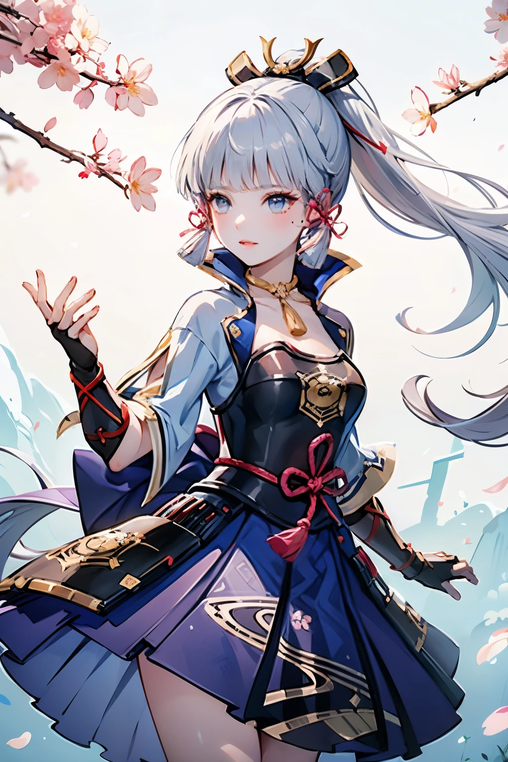 masterpiece, highest quality, ((kamisato ayaka_Genshin Impact)),((1girl,long hair,blue hair,ponytail,hair ribbon, hair ornament,mole under eye, blue eyes,breastplate,armor, short sleeves,japanese clothes,blue skirt, tassel,gloves, arm guards,))Ample breasts:1.9、[椅子に座ってcherry blossomsに手を伸ばす],((Fantastic background、whirlwind、cherry blossoms)),Dancing、Close-up image
