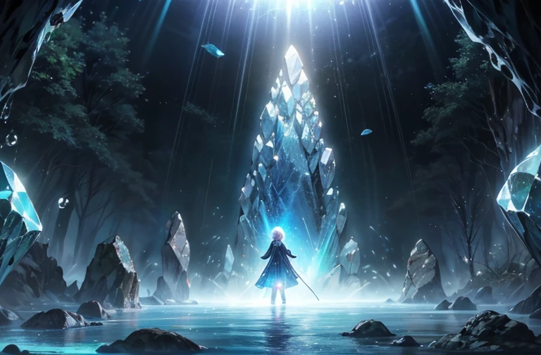 Within a dark crystal cave with an opening at the top, zenithal lighting, bright crystal gently illuminating, (dramatic light), interdimensional Portal, shining on the portal, translucent crystal, rainbow crystal, colorful crystal, (masterpiece), cinematic rendering, sharp focus, Landscape, wide shot, a dark cavern of blue crystals, bioluminescence, light glinting off crystals, water drops, river, no people